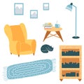 Cozy home collection, interiors furniture, scandinavian hygge style. Armchair, coffee table, bookshelf, floor lamp