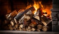 Cozy home decor close up of neatly stacked firewood in front of a warmly burning fireplace Royalty Free Stock Photo