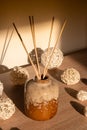 Cozy home decorations aroma reed diffuser in the living room. Home comfort concept. Bottle container with wood stick Royalty Free Stock Photo
