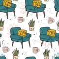 Cozy home doodles with chair, houseplant, coffee cup and book seamless pattern. Royalty Free Stock Photo