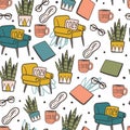 Cozy home doodles with chair, houseplant, coffee cup and book seamless pattern. Royalty Free Stock Photo