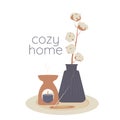 Cozy home elements, candle, home incense, aromatherapy, cotton in vase. Decorative design elements. Hand drawn vector