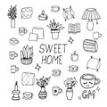 Cozy home hand drawn in doodle style. set of elements for design sticker, poster, card, icon. , scandinavian, hygge, monochrome.