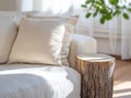 Cozy Home Interior: Beige Sofa, Cushions, And Rustic Wooden Stool In Sunlight Royalty Free Stock Photo