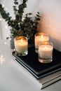 Cozy home interior decor, burning candles Royalty Free Stock Photo