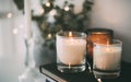 Cozy home interior decor, burning candles Royalty Free Stock Photo