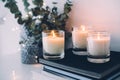 Cozy home interior decor, burning candles Royalty Free Stock Photo
