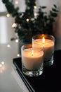 Cozy home interior decor, burning candles Royalty Free Stock Photo