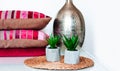 Cozy home interior decor: pillow, plaid, vase, plants in pots on a wicker stand on a white shelf in the room. The quarantine