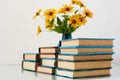 Cozy home interior decor: stack of books and vase with yellow flowers on a table. Distance home education.Quarantine concept of Royalty Free Stock Photo