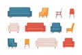 Cozy home interior design objects set. Interior furniture. Sofa, armchair, chair. Vector illustration in flat style Royalty Free Stock Photo