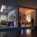 A cozy home interior at dusk featuring neon outlines of virtual assistants and smart technology interfaces in a domestic setting