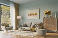 Cozy home interior in light pastel colors with cozy furniture decoreted with sunflowers, 3d rendering