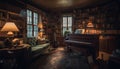 Cozy home interior with old fashioned bookshelf, piano, and comfortable sofa generated by AI