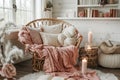 Cozy Home Interior with Wicker Chair, Soft Blankets, and Lit Candles in a Serene Living Room