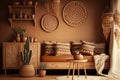 Cozy home interior with wooden furniture on brown background, empty wall mockup in boho decoration. Generative Ai Royalty Free Stock Photo