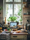 Cozy home kitchen with fresh ingredients and a digital tablet displaying a cooking tutorial in the warm afternoon light Royalty Free Stock Photo