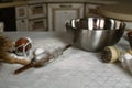 Cozy home kitchen with products for making dough. Cook at home