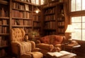 A cozy home library with floor-to-ceiling bookshelves, a fireplace