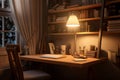 Cozy home office corner with a desk lamp and Royalty Free Stock Photo