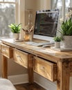 Cozy home office desk with computer displaying code, natural light, open drawers, and green plants. Royalty Free Stock Photo