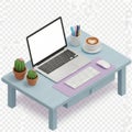 Cozy home office setup isometric view laptop coffee cactus desk workspace essentials Royalty Free Stock Photo