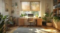 A cozy home office setup with natural light, plants, and a stylish ergonomic workspace, emphasizing productivity and