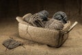 cozy home photo with knitting basket and woolen threads in retro style