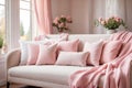 Cozy home place, pink and white pillows and blanket on sofa near window. ai generative