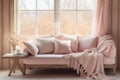 Cozy home place, pink and white pillows and blanket on sofa near window. French country, farmhouse interior design