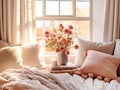 Cozy home place, pink and white pillows and blanket on sofa near window. French country, farmhouse interior design of modern