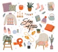 Cozy home. Scandinavian comfort hand drawn interior objects, apartment decorations and furniture, house pleasant winter