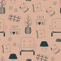 Cozy home seamless pattern. Hand drawn outline print