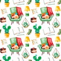 Cozy home seamless pattern with a home plants, green chair with cute kitten, book,tasty cake,cushion,lamp Royalty Free Stock Photo