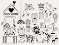 Cozy home. A set of doodles - a cat looking out from behind a vases, a cat sleeping on a pillow, a bookshelf and a teddy bear, an