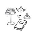 Cozy home set of hand drawn elements - lamp, book, teapot, cup, heart. collection of elements in scandinavian simple style