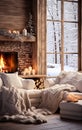 Cozy home with sofa and fireplace, panoramic windows and coffee, autumn vibe concept