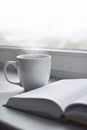 Cozy home still life: cup of hot coffee and opened book on windowsill against snow landscape outside. Winter holidays Royalty Free Stock Photo