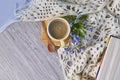 Cozy home still life: cup of hot coffee, spring flowers and opened book with warm plaid. Springtime concept, free copy Royalty Free Stock Photo