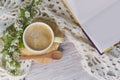 Cozy home still life: cup of hot coffee, spring flowers and opened book with warm plaid. Springtime concept, free copy Royalty Free Stock Photo