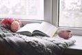 Cozy home still life: cup of hot coffee, spring flowers and opened book with warm plaid on windowsill. Springtime