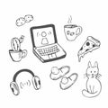 Cozy home and sweet house set of elements in Doodle hand drawing style. Vector icons, warm and cute