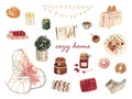 Cozy home. Cozy watercolor set with interior items, watercolor illustrations