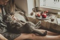 Cozy home. Woman with cute cat sitting in bed by the window