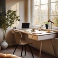 Cozy home workplace with wooden drawer writing desk and fabric chair. Interior design of modern scandinavian home office. Created