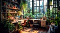 A cozy home workspace adorned with lush green plants Royalty Free Stock Photo