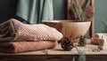 Cozy homemade arrangement woolen knits, candles, and rustic plant decor generated by AI