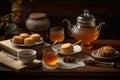 A cozy, honey tea scene, featuring a steaming cup of tea sweetened with a drizzle of golden honey, accompanied by a plate of honey Royalty Free Stock Photo