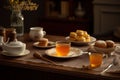 A cozy, honey tea scene, featuring a steaming cup of tea sweetened with a drizzle of golden honey, accompanied by a plate of honey Royalty Free Stock Photo