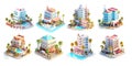 Cozy Hotel Isometric Low Poly Icons Set